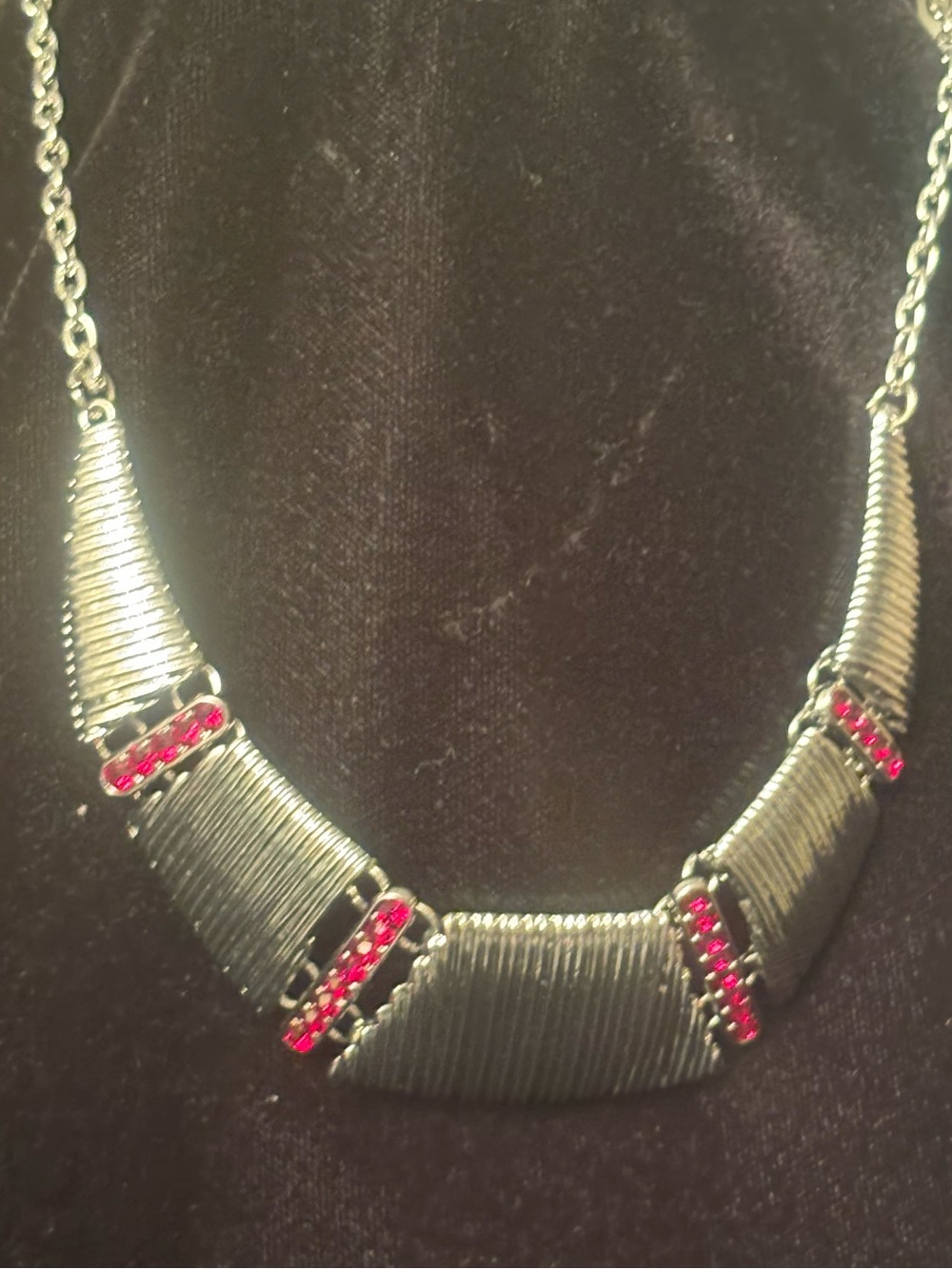 Silver-Tone Bib Necklace with Pink Crystal Accents